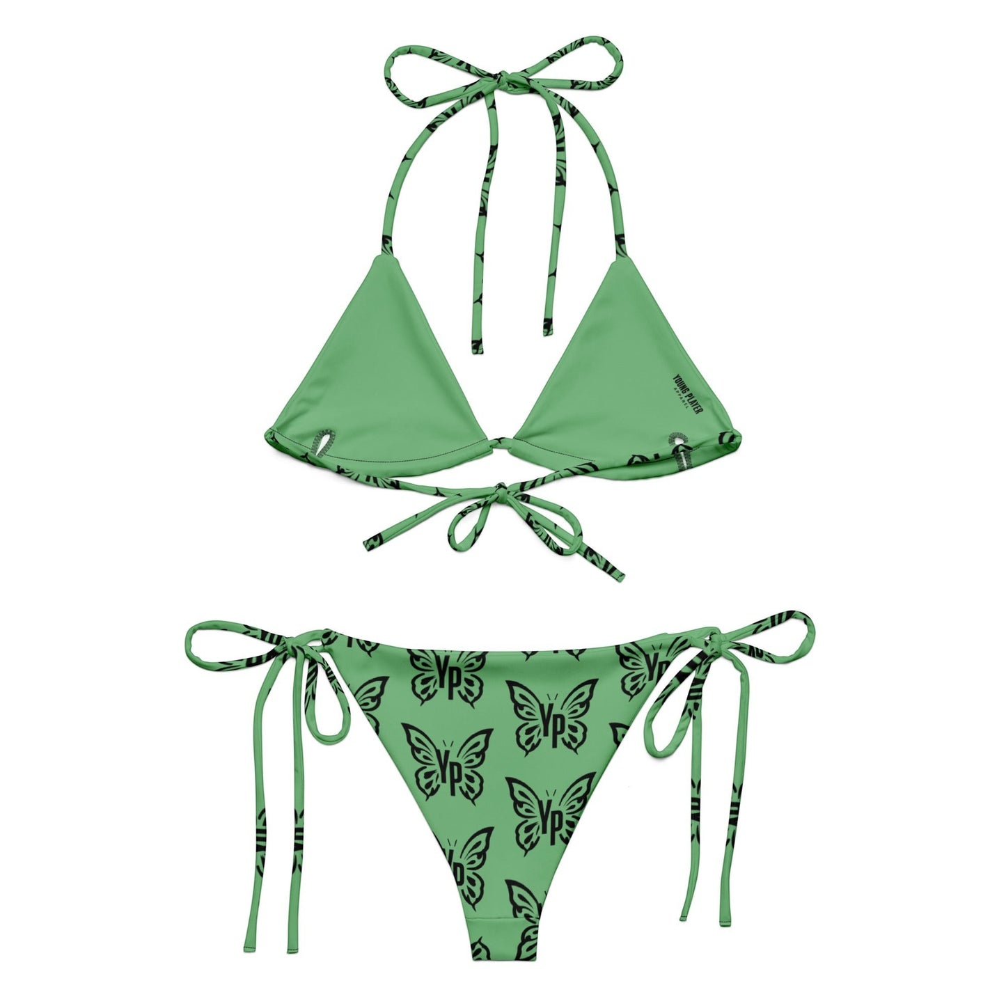 Young Player Apparel green bikini set with black butterfly print, triangle top, and adjustable side-tie bottoms.