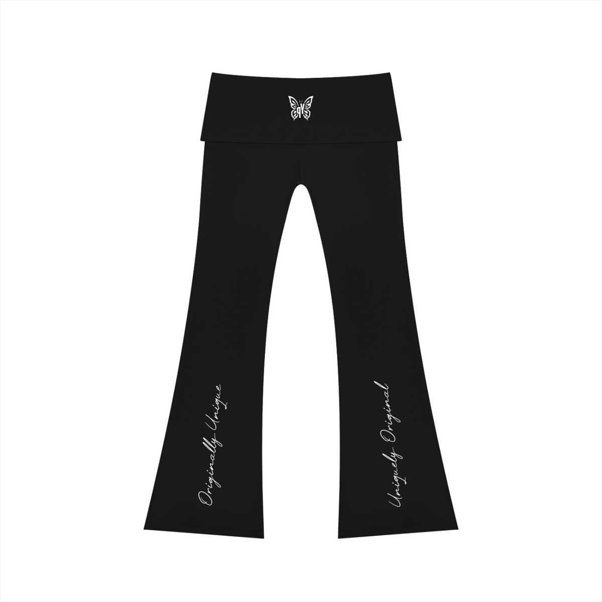 Black flared leggings with a small white butterfly graphic on the back waistband and white script text down back of each leg, shown on a plain white background.