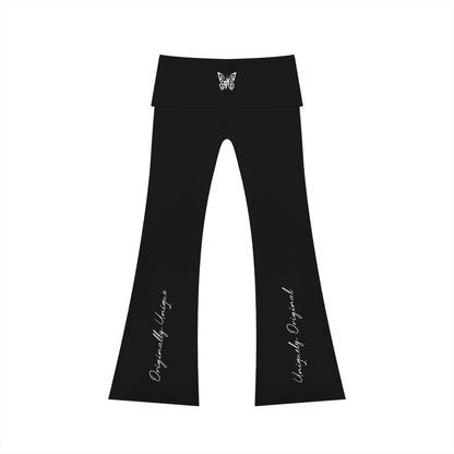 Black flared leggings with a small white butterfly graphic on the back waistband and white script text down back of each leg, shown on a plain white background.