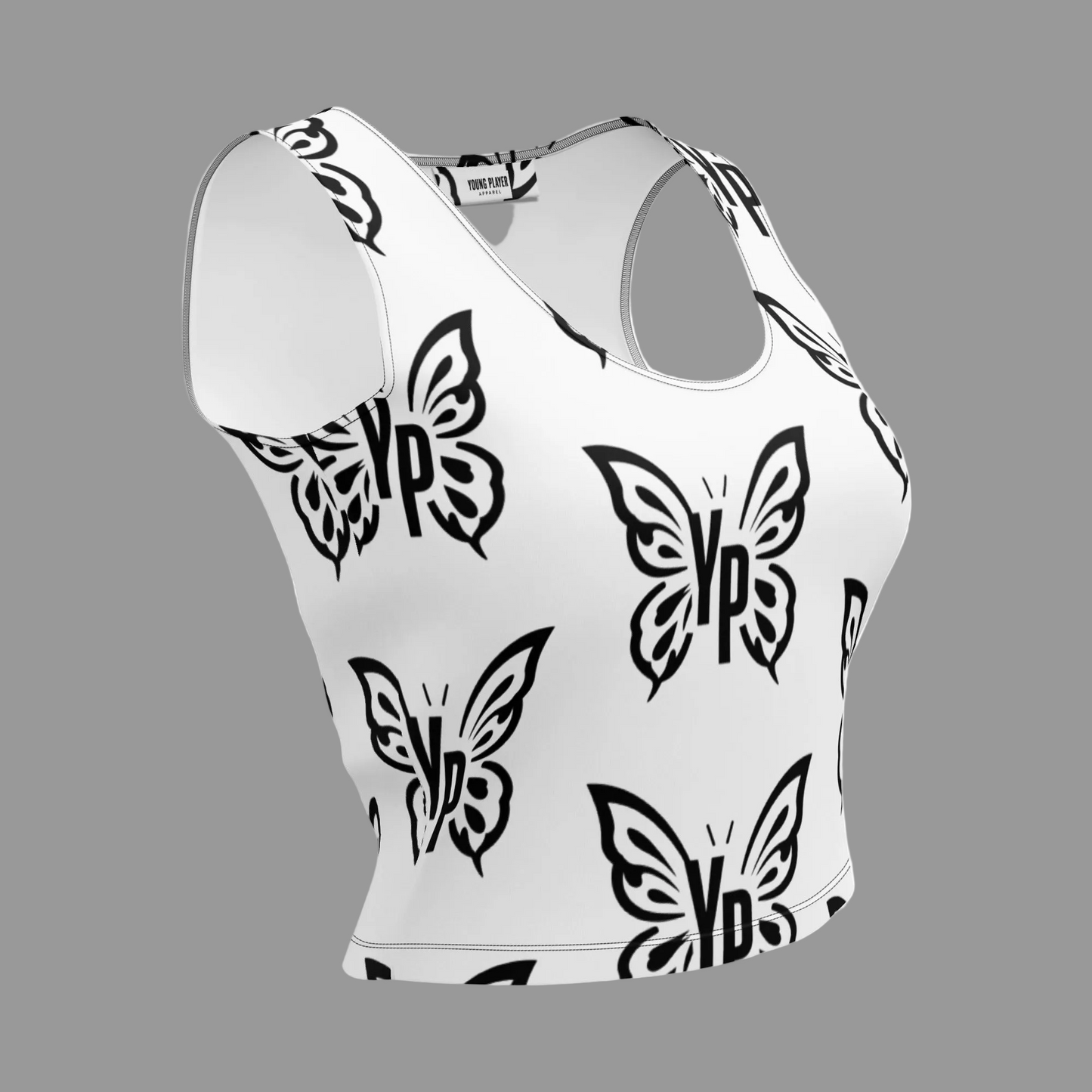 White racerback tank top with a black butterfly pattern featuring the letters 'VP' inside each butterfly, shown on a solid gray background.