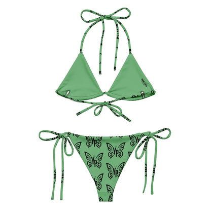 Young Player Apparel green bikini set with black butterfly print, triangle top, and adjustable side-tie bottoms.