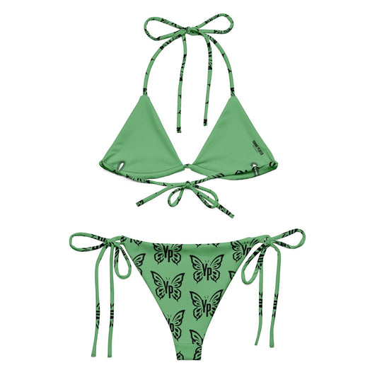 Young Player Apparel green bikini set with black butterfly print, triangle top, and adjustable side-tie bottoms.