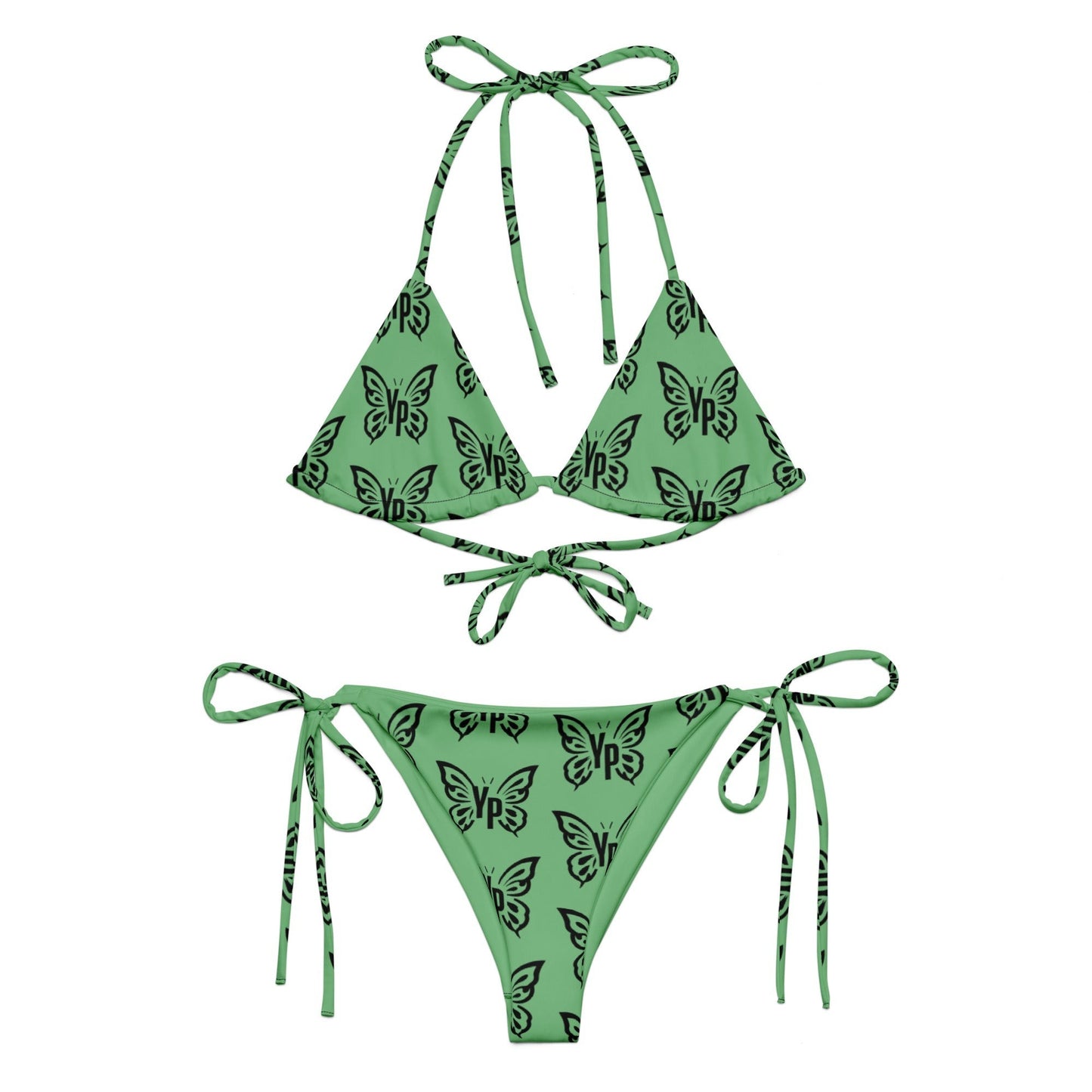 Young Player Apparel green bikini set with black butterfly print, featuring adjustable triangle top and side ties.