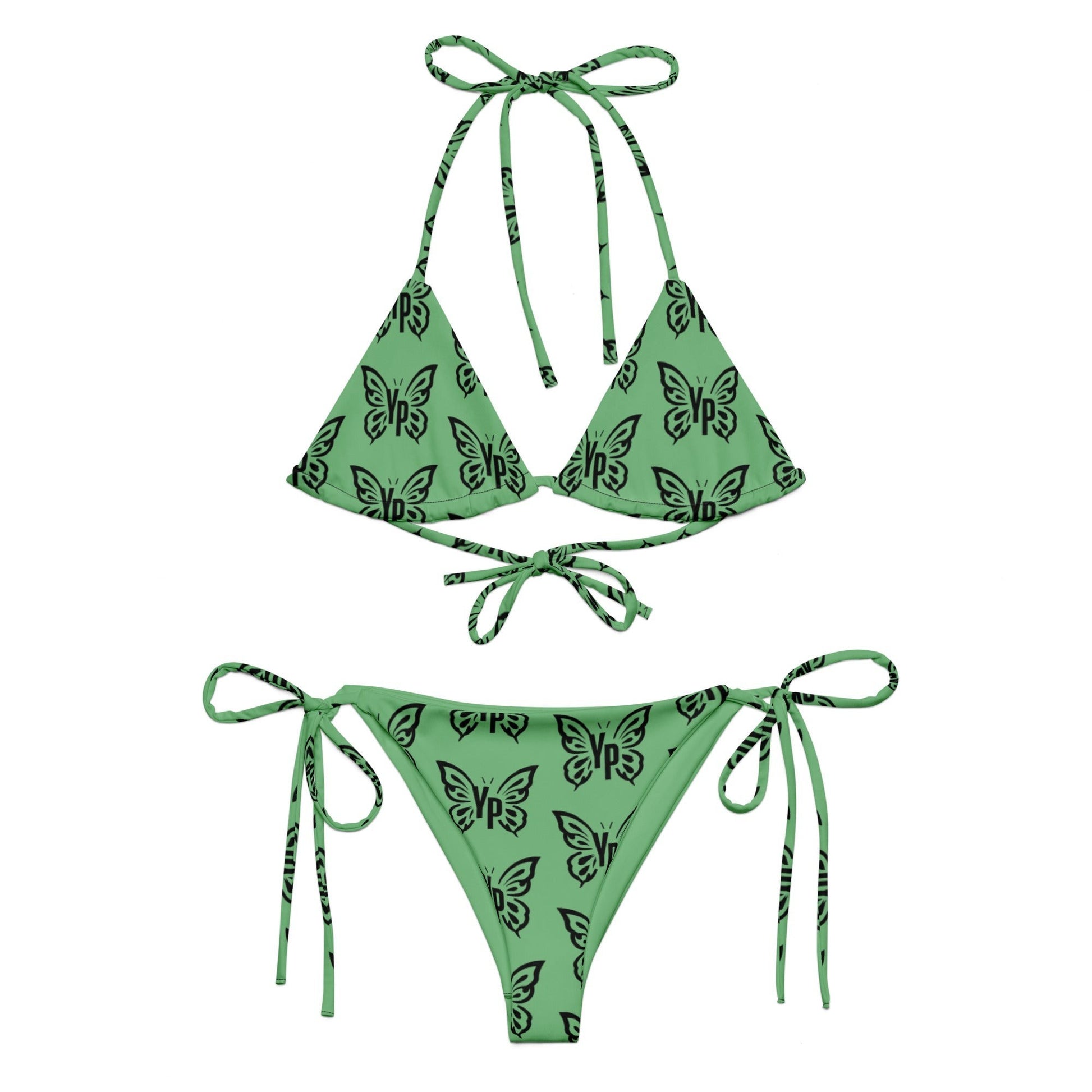 Young Player Apparel green bikini set with black butterfly print, featuring adjustable triangle top and side ties.