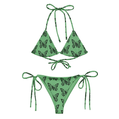 Young Player Apparel green bikini set with black butterfly print, featuring adjustable triangle top and side ties.