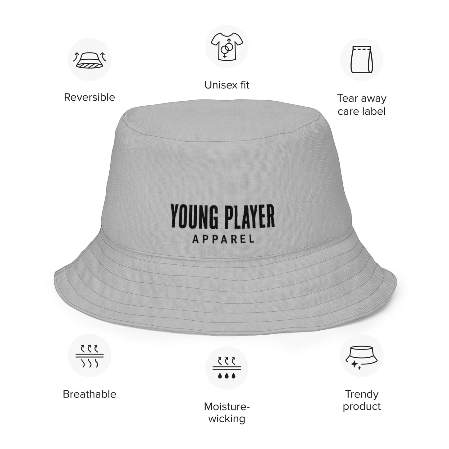 Young Player Apparel reversible grey bucket hat with black logo, featuring breathable and moisture-wicking fabric.